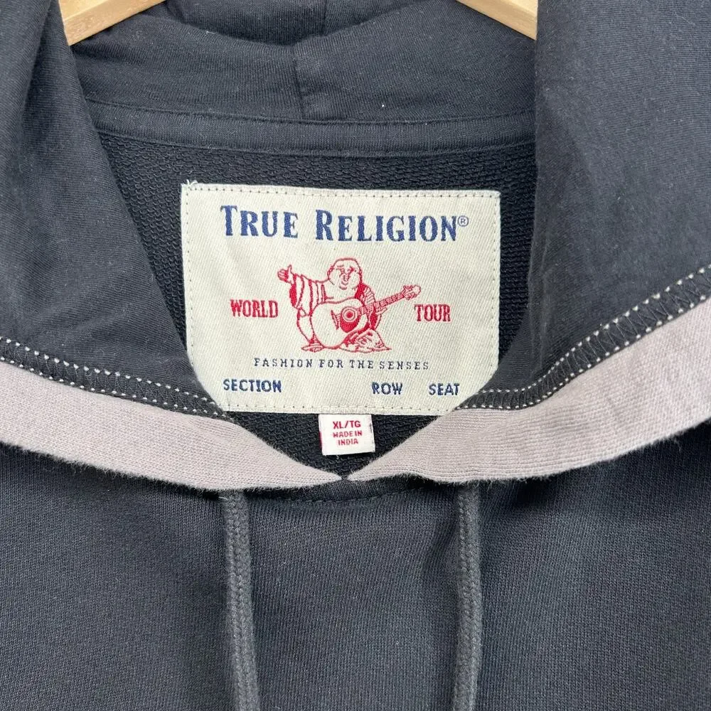 TRUE RELIGION Hoodie Mens XL World Tour Colorblock Pullover Terry Black Gray